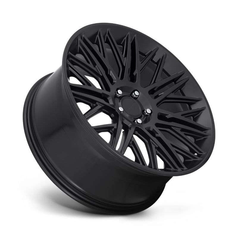Tilted side view of a Rotiform JDR a monobock cast aluminum multi spoke automotive wheel in a matte black finish with center cap with a black Rotiform logo.