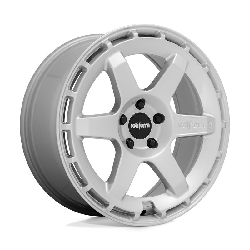 Rotiform Ken Block Signature Wheel KB1 is a cast aluminum 6 Spoke automotive wheel in a gloss silver finish with a Rotiform and Ken Block Logo embossed in one spoke along with a Rotiform silver logo center cap.