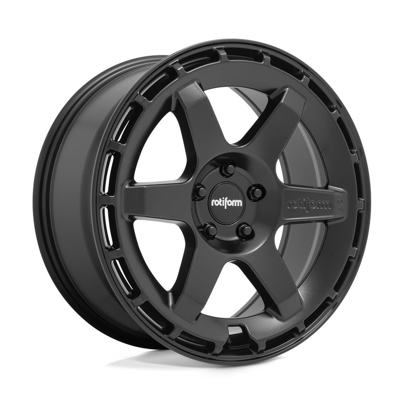 Rotiform Ken Block Signature Wheel KB1 is a cast aluminum 6 Spoke automotive wheel in a matte black finish with a Rotiform and Ken Block Logo embossed in one spoke along with a Rotiform silver logo center cap.