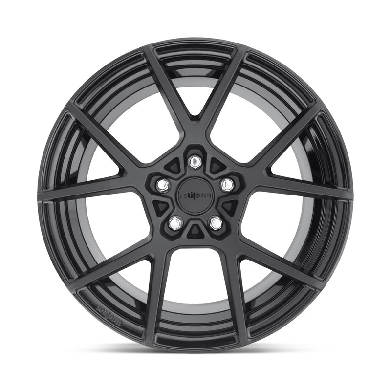 Front face view of a Rotiform KPS monoblock cast aluminum 5 V shape spoke design automotive wheel in a matte black finish with a black Rotiform center cap.