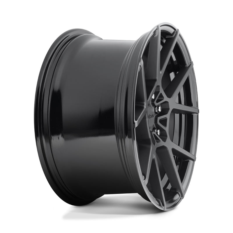 Side view of a Rotiform KPS monoblock cast aluminum 5 V shape spoke design automotive wheel in a matte black finish with a black Rotiform center cap.