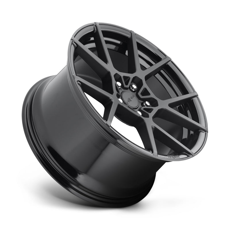 Tilted side view of a Rotiform KPS monoblock cast aluminum 5 V shape spoke design automotive wheel in a matte black finish with a black Rotiform center cap.