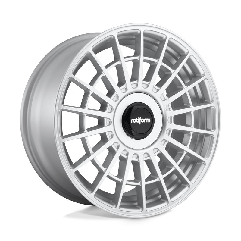 Rotiform LAS-R monoblock cast aluminum multi spoke automotive wheel in gloss silver with a black center cap having a silver Rotiform logo.