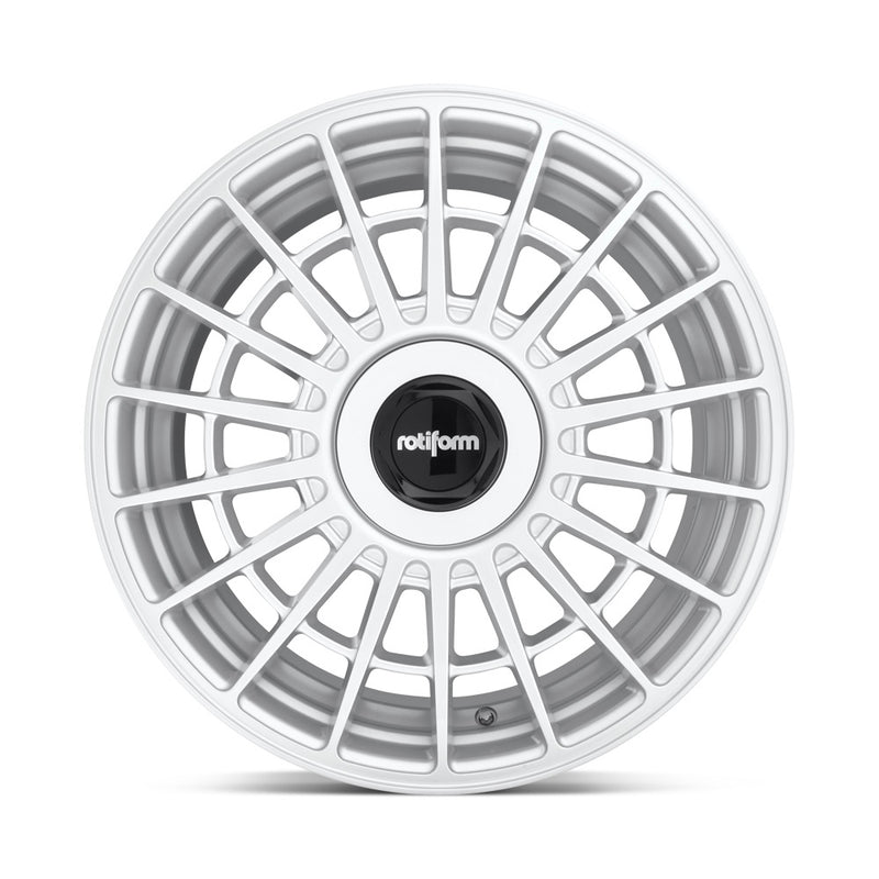 Front face view of a Rotiform LAS-R monoblock cast aluminum multi spoke automotive wheel in gloss silver with a black center cap having a silver Rotiform logo.