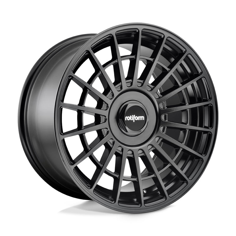 Rotiform LAS-R monoblock cast aluminum multi spoke automotive wheel in matte black with a black center cap having a silver Rotiform logo.