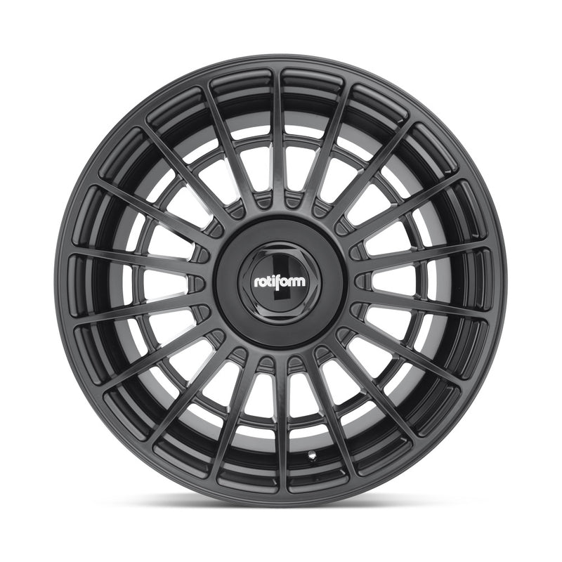 Front face view of a Rotiform LAS-R monoblock cast aluminum multi spoke automotive wheel in matte black with a black center cap having a silver Rotiform logo.