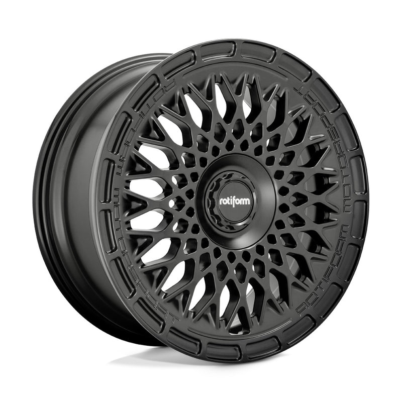 Rotiform LHR-M monoblock cast aluminum automotive wheel in a matte black finish with the wording Rotiform Motorsport embossed on outer edge and a black center cap with Rotiform silver logo.