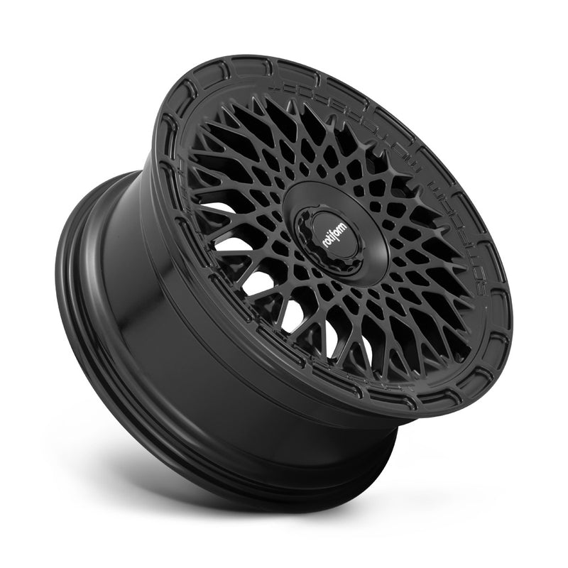 Tilted side view of a Rotiform LHR-M monoblock cast aluminum automotive wheel in a satin black finish with the wording Rotiform Motorsport embossed on outer edge and a black center cap with Rotiform silver logo.
