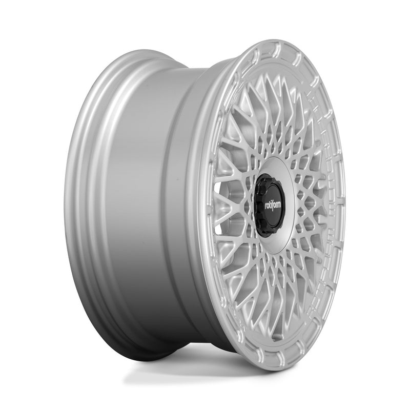 Side view of a Rotiform LHR-M monoblock cast aluminum automotive wheel in a satin silver finish with the wording Rotiform Motorsport embossed on outer edge and a black center cap with Rotiform silver logo.