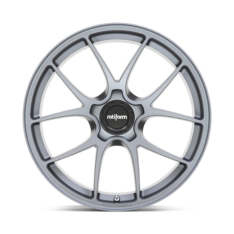 Front Facing View Of Rotiform's 21" LTN Model, A Monoblock Forged Aluminum 5 V Shape Spoke Wheel In A Satin Titanium Finish With The Word Forged Embossed On The Bead Ring