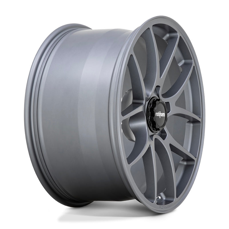 Side View of Rotiform's 21" LTN Model, A Monoblock Forged Aluminum 5 V Shape Spoke Wheel In A Satin Titanium Finish With The Word Forged Embossed On The Bead Ring