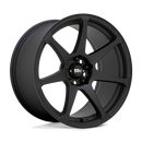 Motegi Racing Battle cast aluminum 7 spoke automotive wheel in a matte black finish with a black center cap displaying a silver Motegi logo.