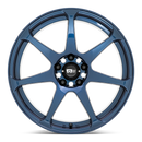 Front face view of a Motegi Racing Battle cast aluminum 7 spoke automotive wheel in a midnight blue finish with a black center cap displaying a silver Motegi logo.