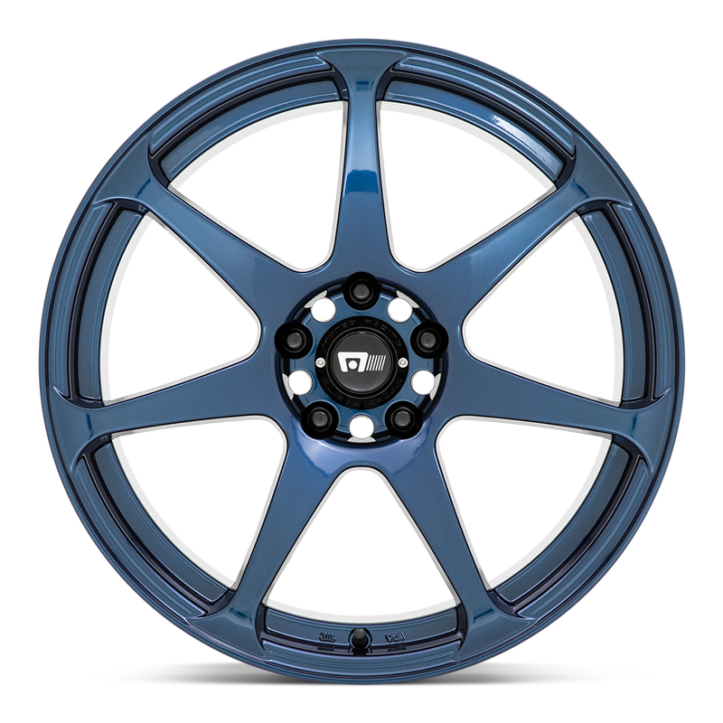 Front face view of a Motegi Racing Battle cast aluminum 7 spoke automotive wheel in a midnight blue finish with a black center cap displaying a silver Motegi logo.