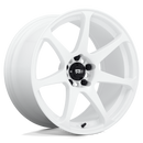 Motegi Racing Battle cast aluminum 7 spoke automotive wheel in white with a black center cap displaying a silver Motegi logo.
