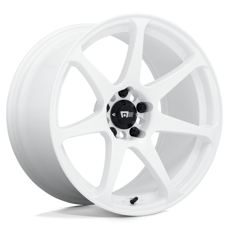 Motegi Racing Battle cast aluminum 7 spoke automotive wheel in white with a black center cap displaying a silver Motegi logo.