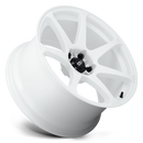Tilted side view of a Motegi Racing Battle cast aluminum 7 spoke automotive wheel in white with a black center cap displaying a silver Motegi logo.