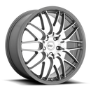 Motegi Racing CM10 cast aluminum 10 V-shaped spoke automotive wheel in machined gun metal gray with a Motegi logo center cap.