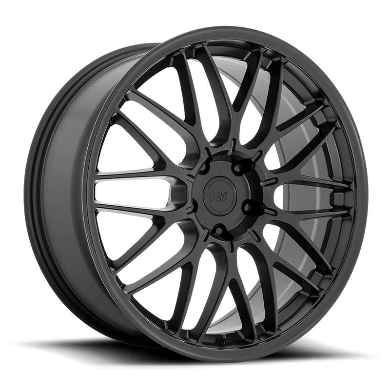 Motegi Racing CM10 cast aluminum 10 V-shaped spoke automotive wheel in satin black with a Motegi logo center cap.