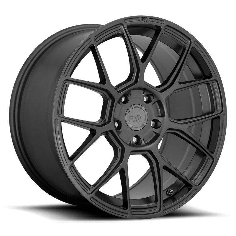 Motegi Racing CM7 flow formed aluminum 7 fork spoke design automotive wheel in a gun metal gray finish with a Motegi logo etched in outer edge and a Motegi logo center cap.
