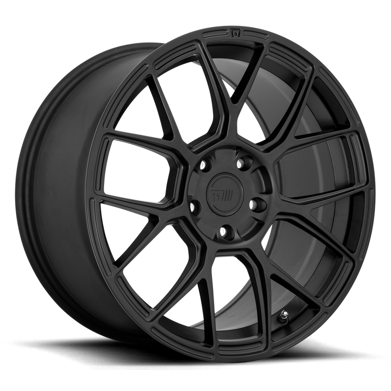 Motegi Racing CM7 cast aluminum V and rectangular shaped spoke pattern automotive wheel in a satin black finish with a Motegi logo center cap.