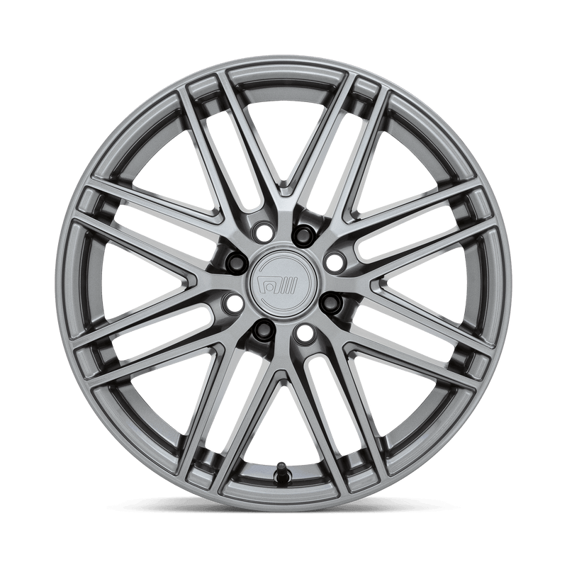 Front face view of a Motegi CM8 cast aluminum 8 double spoke automotive wheel in a gloss gunmetal finish with a Motegi Racing logo center cap.