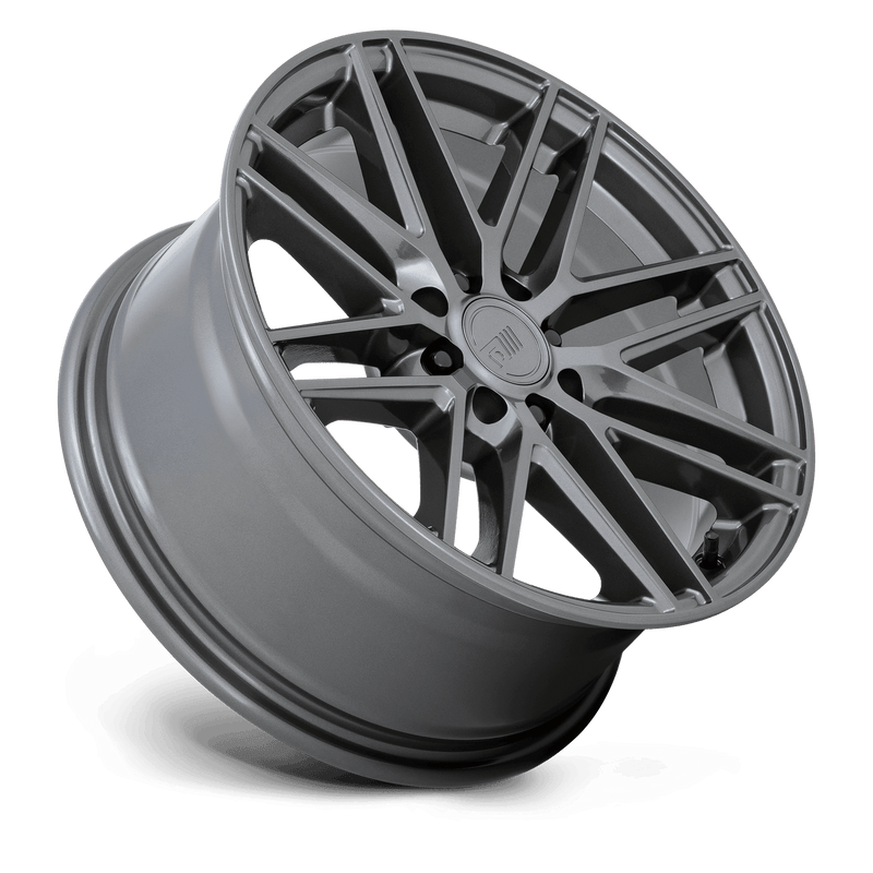 Tilted side view of a Motegi Racing CM8 cast aluminum 8 double spoke automotive wheel in a gloss gunmetal finish with Motegi logo center cap.