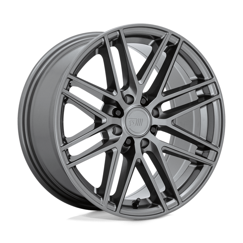 Motegi Racing CM8 cast aluminum 8 double spoke automotive wheel in a gloss gunmetal finish with Motegi logo center cap.