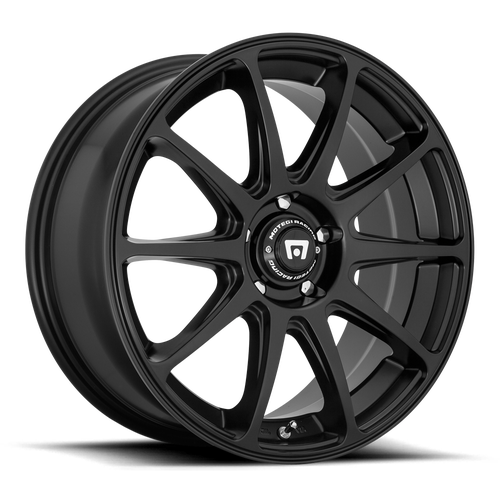 Motegi Racing CS10 cast aluminum 10 spoke automotive wheel in a satin black finish with a Motegi silver logo center cap.