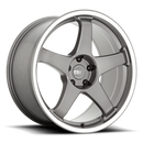 Motegi Racing CS5 cast aluminum 5 spoke automotive wheel in a gun metal gray with a machined silver lip and a Motegi silver logo center cap.