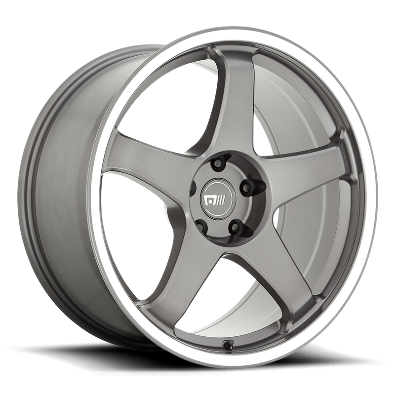 Motegi Racing CS5 cast aluminum 5 spoke automotive wheel in a gun metal gray with a machined silver lip and a Motegi silver logo center cap.