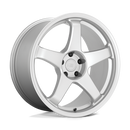 Motegi Racing CS5 cast aluminum 5 spoke automotive wheel in silver with a Motegi silver logo center cap.