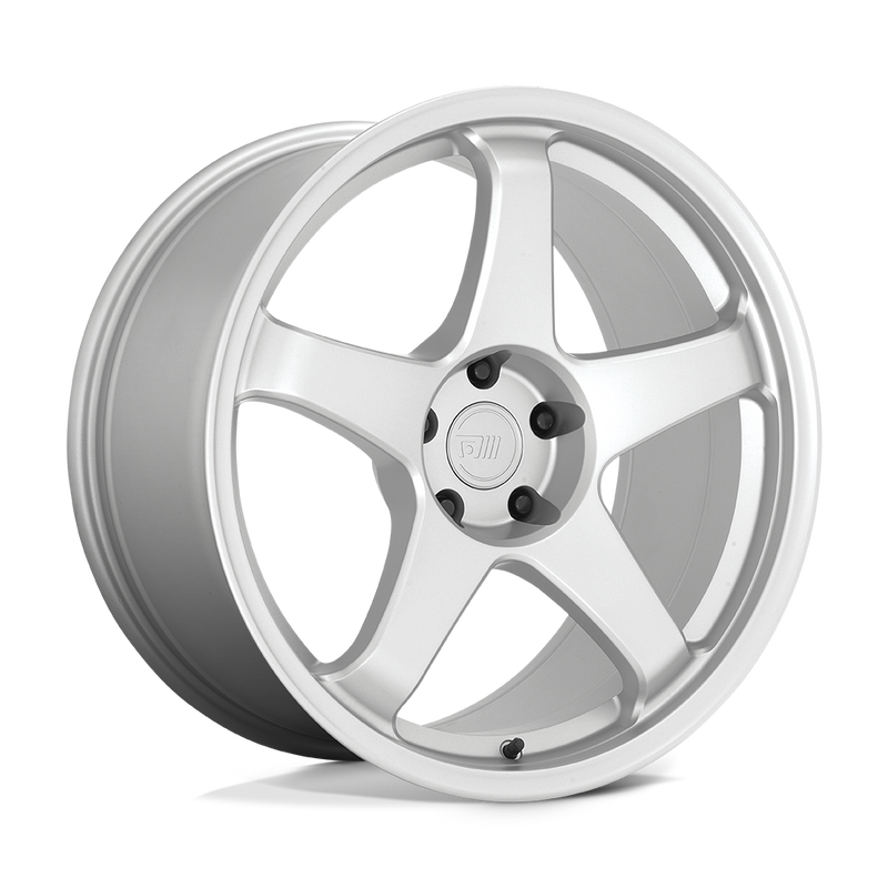Motegi Racing CS5 cast aluminum 5 spoke automotive wheel in silver with a Motegi silver logo center cap.