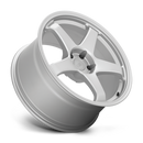 Tilted side view of a Motegi Racing CS5 cast aluminum 5 spoke automotive wheel in silver with a Motegi silver logo center cap.