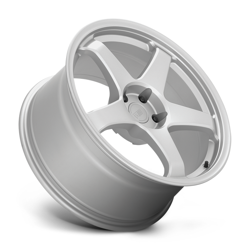 Tilted side view of a Motegi Racing CS5 cast aluminum 5 spoke automotive wheel in silver with a Motegi silver logo center cap.