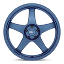 Front face view of a Motegi Racing CS5 cast aluminum 5 spoke automotive wheel in satin metallic blue with a Motegi silver logo center cap.