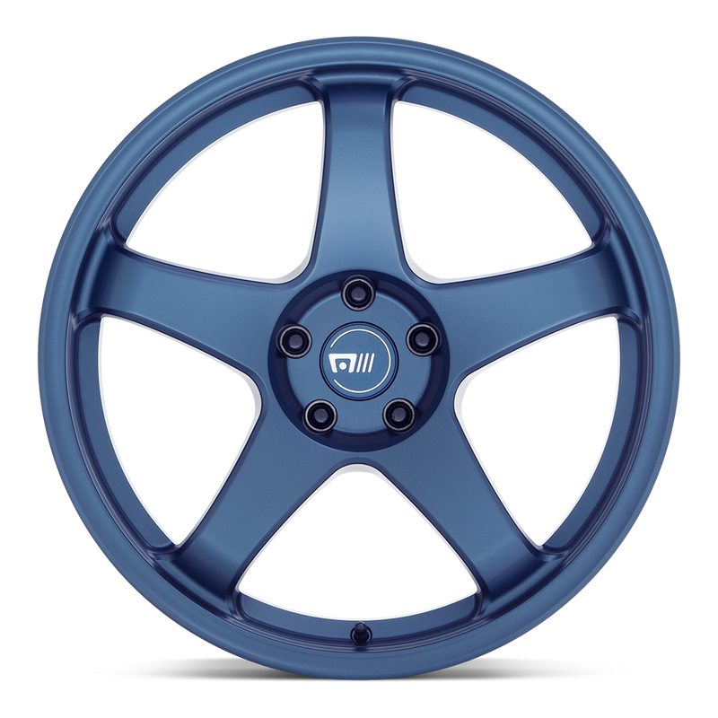 Front face view of a Motegi Racing CS5 cast aluminum 5 spoke automotive wheel in satin metallic blue with a Motegi silver logo center cap.