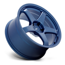 Tilted side view of a Motegi Racing CS5 cast aluminum 5 spoke automotive wheel in satin metallic blue with a Motegi silver logo center cap.
