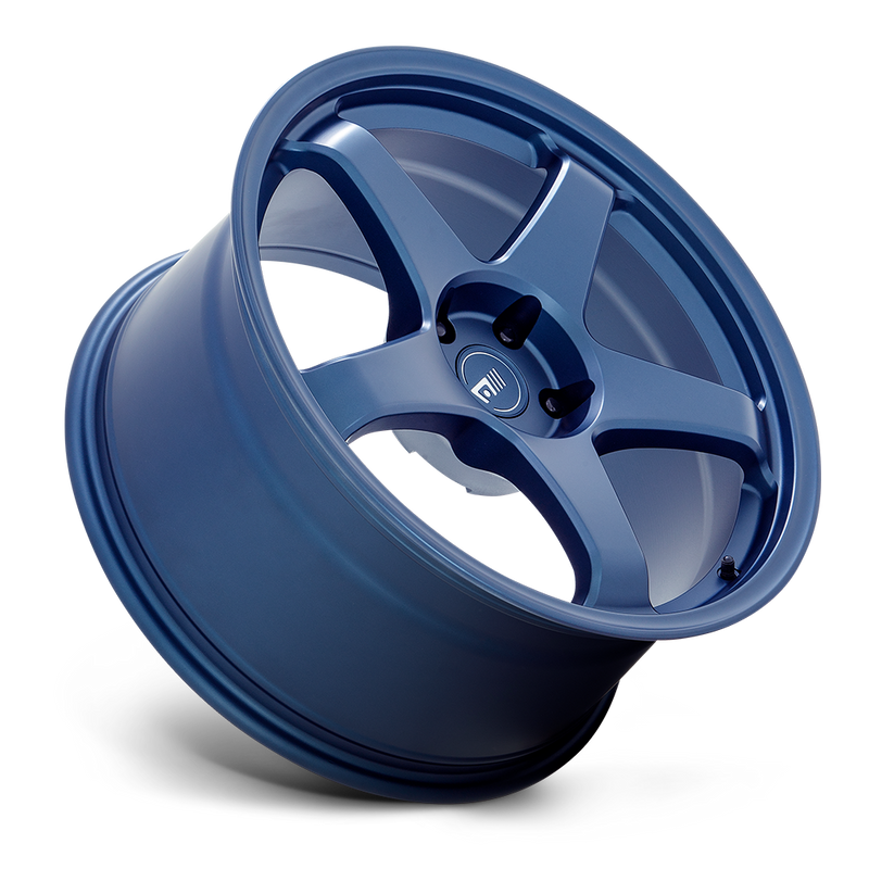 Tilted side view of a Motegi Racing CS5 cast aluminum 5 spoke automotive wheel in satin metallic blue with a Motegi silver logo center cap.