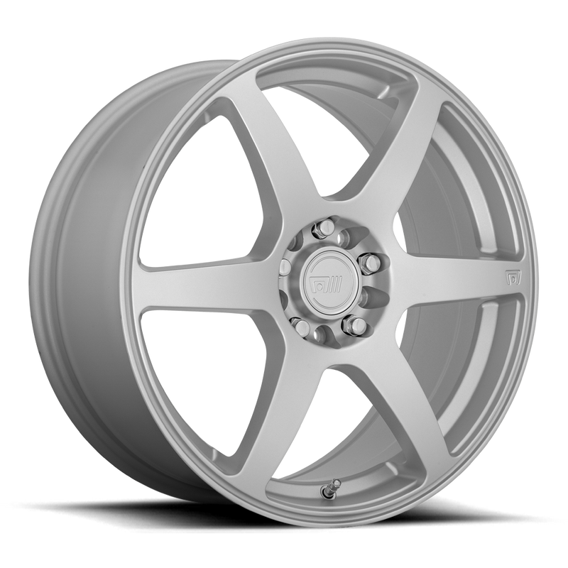 Motegi Racing CS6 cast aluminum 6 spoke automotive wheel in a hyper silver finish with a Motegi logo center cap.