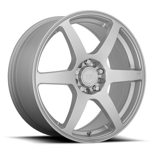 Motegi CS6 cast aluminum 6 spoke automotive wheel in a hyper silver finish with a Motegi Racing logo center cap.