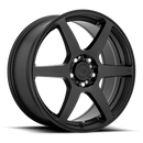 Motegi Racing CS6 cast aluminum 6 spoke automotive wheel in a satin black finish with an embossed Motegi logo in one spoke and a Motegi logo center cap.