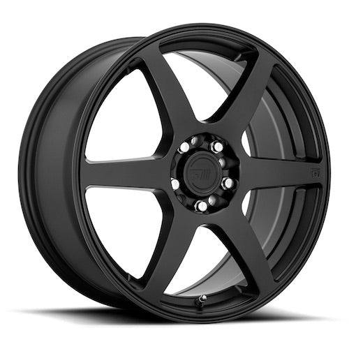 Motegi CS6 cast aluminum 6 spoke automotive wheel in a satin black finish with a Motegi Racing logo center cap.