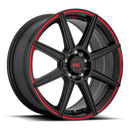 Motegi Racing CS8 cast aluminum 8 spoke automotive wheel in satin black with a red stripe around outer edge and a small red Motegi logo on inner edge of wheel along with a Motegi red logo center cap.