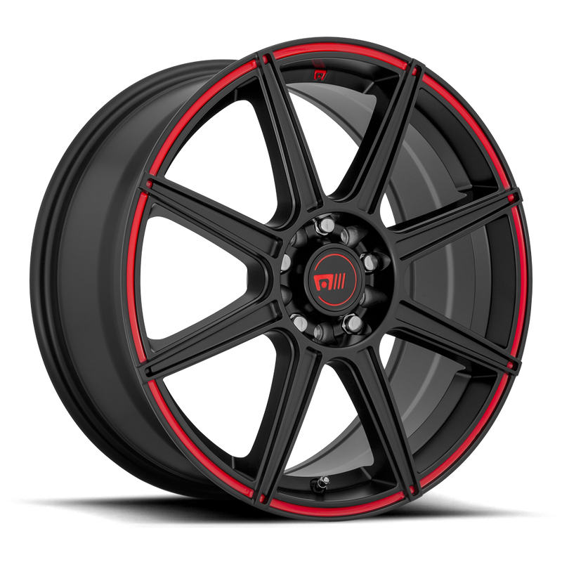 Motegi Racing CS8 cast aluminum 8 spoke automotive wheel in satin black with a red stripe around outer edge and a small red Motegi logo on inner edge of wheel along with a Motegi red logo center cap.