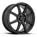 Motegi Racing CS8 cast aluminum 8 spoke automotive wheel in satin black with an embossed Motegi red square logo on inner edge and a Motegi black logo center cap.