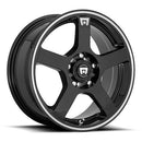 Motegi Racing FS5 cast aluminum 5 spoke automotive wheel in gloss black with machined silver flange and a small silver Motegi logo on one spoke and on the center cap.