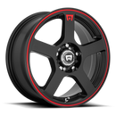 Motegi Racing FS5 cast aluminum 5 spoke automotive wheel in matte black with a red stripe around outer edge and an embossed red Motegi logo on one spoke and a Motegi silver logo center cap.