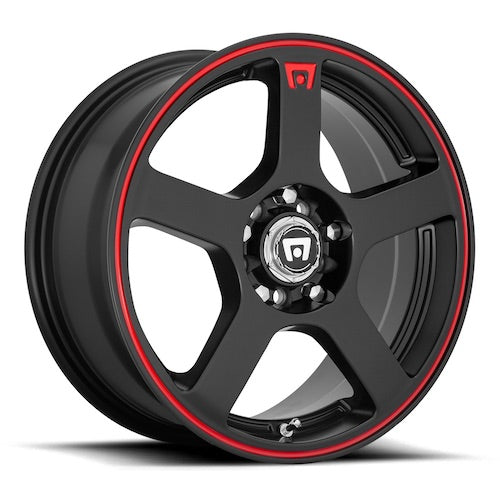 Motegi Racing cast aluminum 5 spoke automotive wheel in matte black with red pinstripe around the edge and a red Motegi Racing square logo at top of one spoke. 