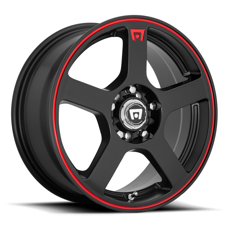 Motegi Racing FS5 cast aluminum 5 spoke automotive wheel in matte black with a red stripe around outer edge and an embossed red Motegi logo on one spoke and a Motegi silver logo center cap.